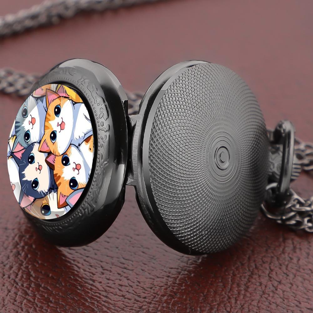 Cute Cats Themed Vintage Pocket Watch - Arabic Dial Necklace Pendant Clock Halloween Gift for Men Women reloj de bolsillo