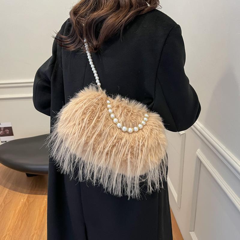 Hot Sale Retro Large Capacity Plush Women's Bag Pearl Chain Small Square Bag Fairy Wind Shoulder Crossbody Bag