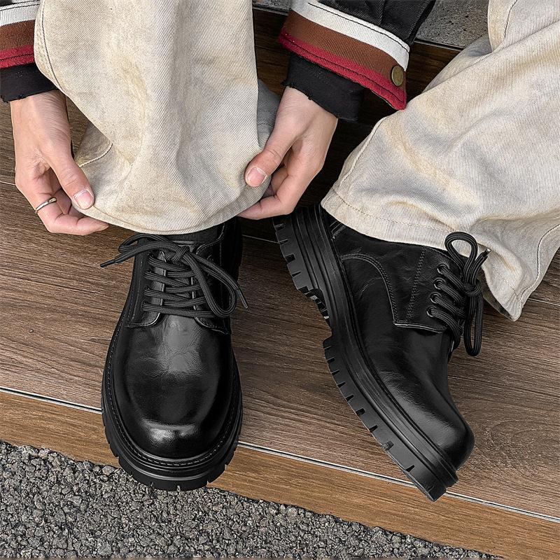 Новые кожаные туфли мужские весна и осень деловые платья большая голова гонконгский стиль толстая подошва внутренняя высота увеличение британский 65225 черный -J