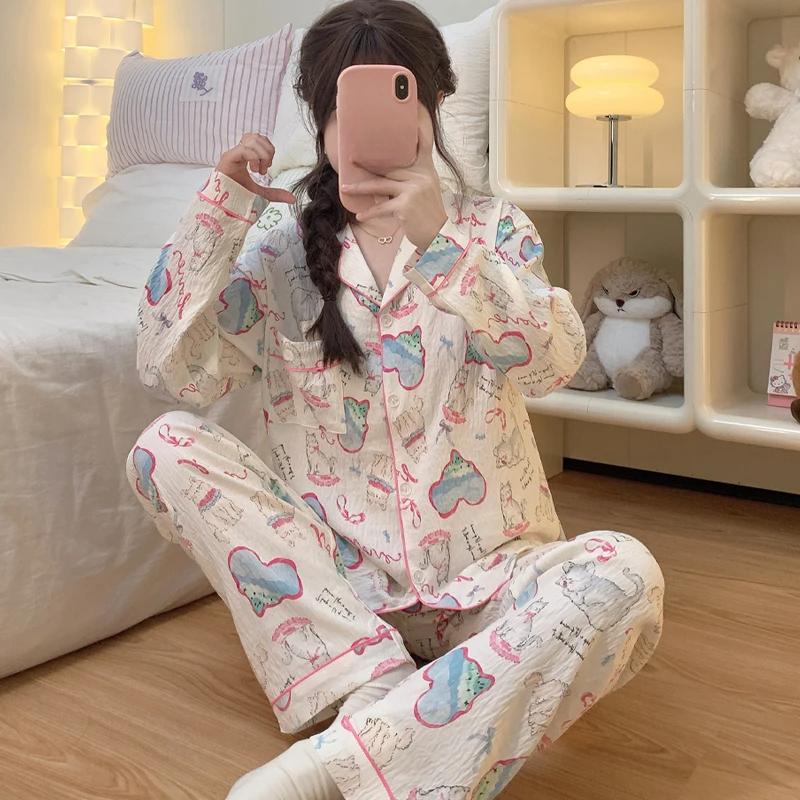 Женский пижамный комплект с принтом «Мультяшная любовь и кошка», осенне-зимняя домашняя одежда, повседневная мягкая, милая, милая одежда для сна