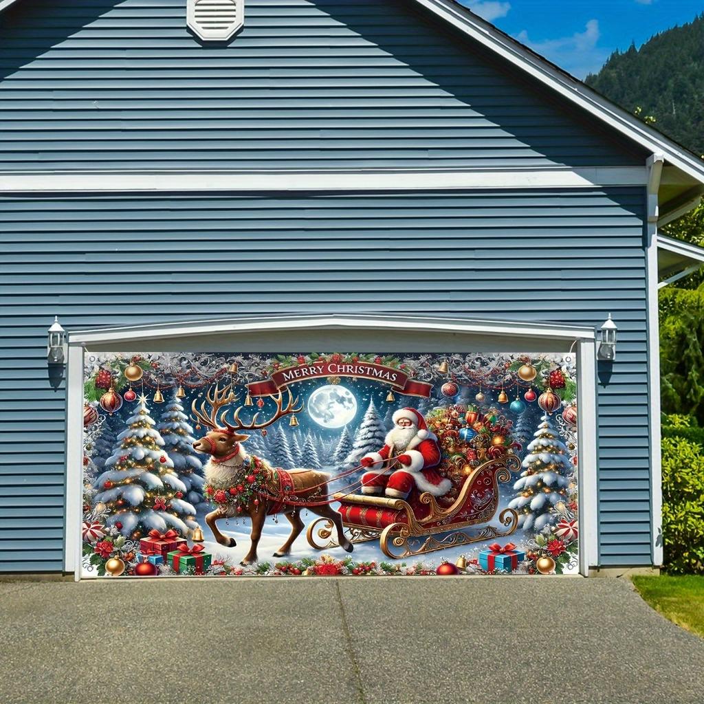 Merry Christmas Garage Banner - Holiday Santa Deer and Tree Design | Durable Polyester Outdoor Decor