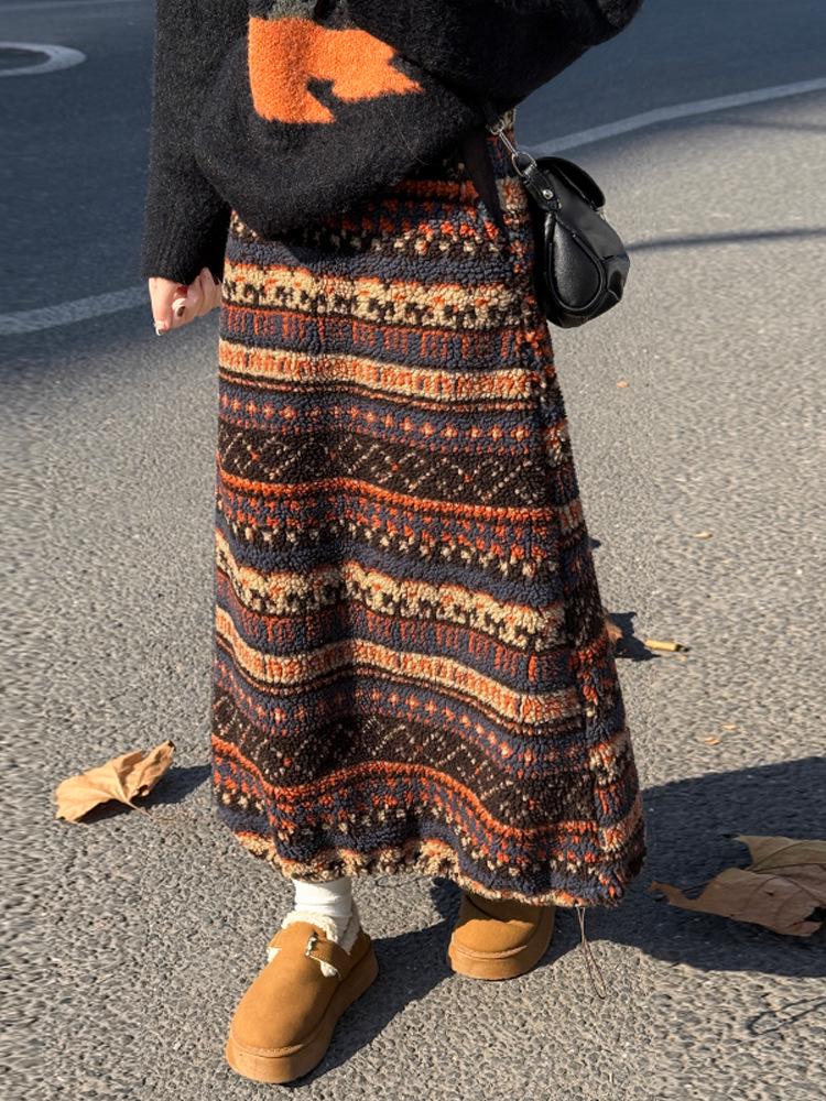 Женская флисовая юбка средней длины в стиле ретро Fair Isle - этнический стиль, кулиска по подолу, двустороннее ношение для осени/зимы