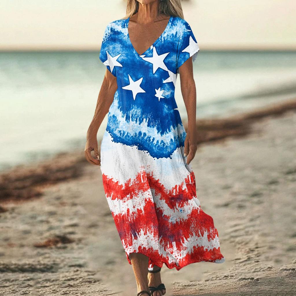 Flag Dress for Women 4Th Of July Dresses for Women Patriotic Dress Usa Dress with Star Print Loose Fit Summer Style