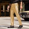Men Pants Mid-rise Button Zipper Fly Shiny Casual Trousers with Reinforced Pockets Solid Color Glossy Club Pants