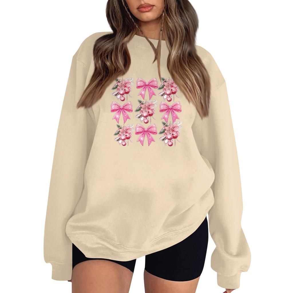 Women's Fashion Long Sleeve Loose Bowknot Printed Round Neck Sweatshirt