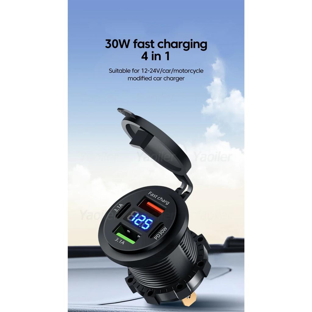 Новое автомобильное зарядное гнездо USB с двумя портами Type-C и USB-A, водонепроницаемое, со светодиодным вольтметром, быстрая зарядка 12 В/24 В для мотоадаптера