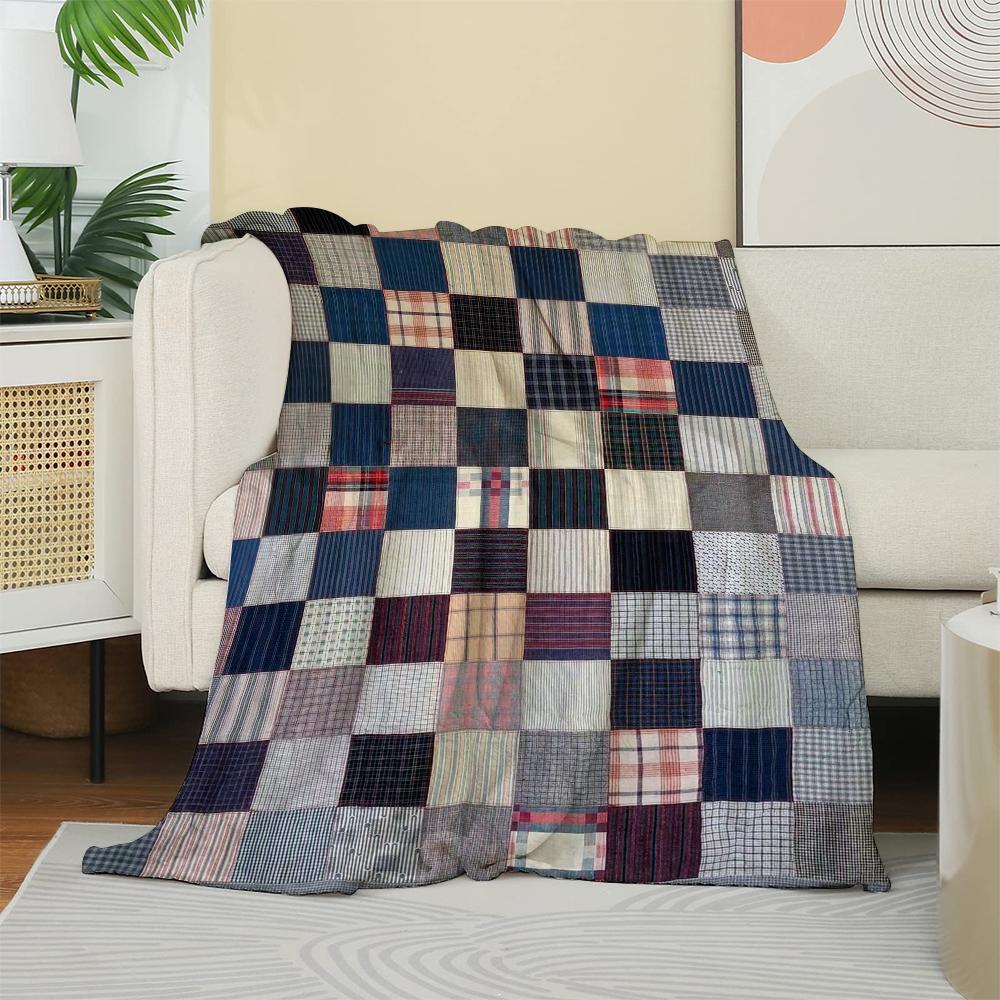 Vintage Plaid Patchwork Flannel Blanket, Retro Checkered Throw, Soft Cozy for Rustic Home Decor, Warm Sofa Couch Gift