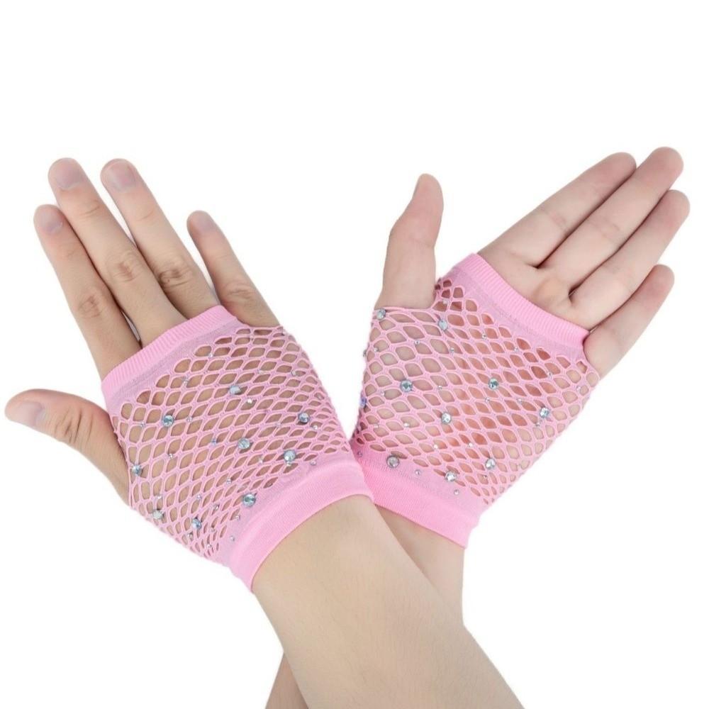 Shiny Fishnet Fingerless Gloves Elastic Mesh Lace Gloves Fashion Rhinestone Gloves Party Wear