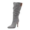 Women's Autumn and Winter New Pleated High-heeled Short Boots Pointed Zip Knee-length Boots Women's 34-50 Large Mid Length Boots