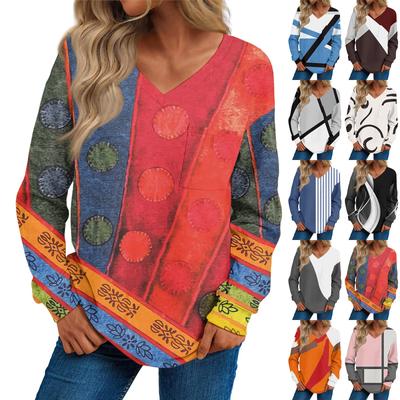 Женская мода повседневный свитер с длинным рукавом и принтом V-образным вырезом