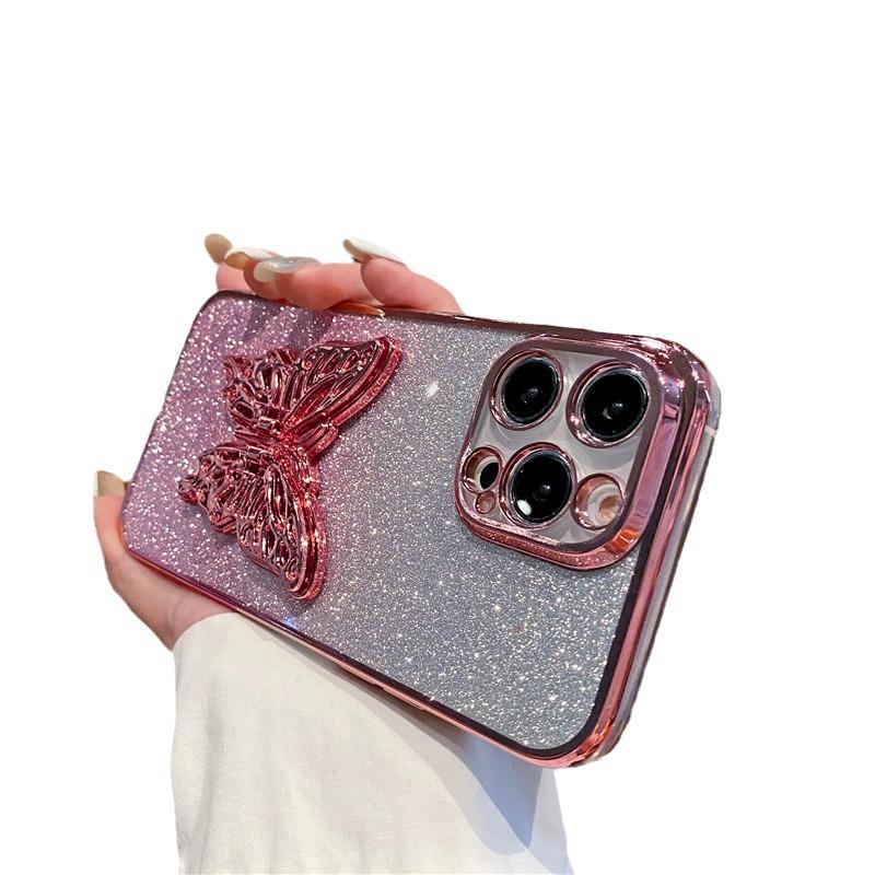 Sparkly Phone Case for iPhone 17 16 15 Pro Max with Butterfly Stand Gradient  Full Cover Glitter Case