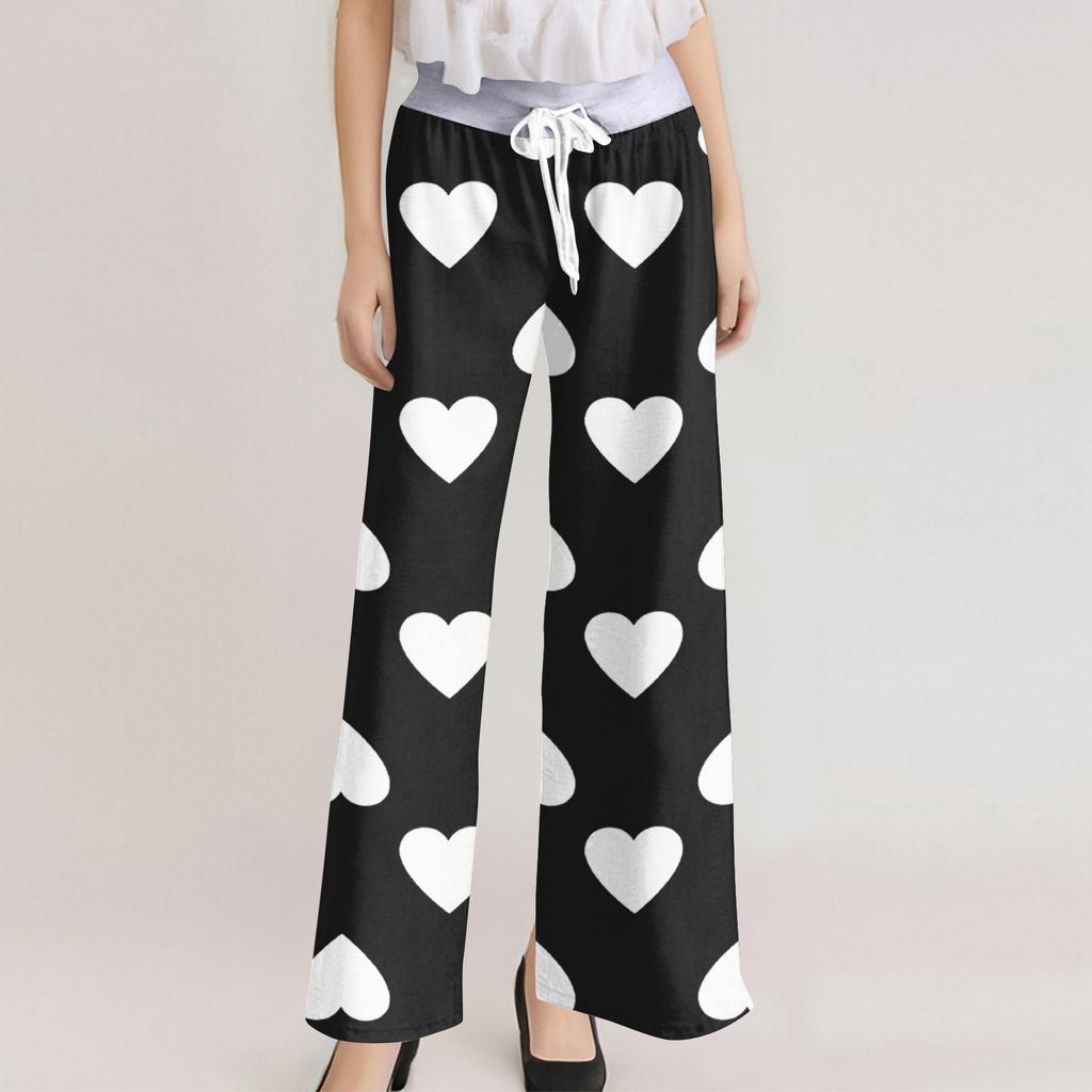 Women's Fashion Casual Comfortable Pajama Pants Love Printed Drawstring Wide Leg Pants Trousers
