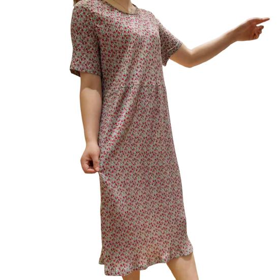 Summer Women Dress Small Flower Print Crew Neck Loose Short Sleeves Pleated Mid-calf Length Pullover Shopping Midi Dress