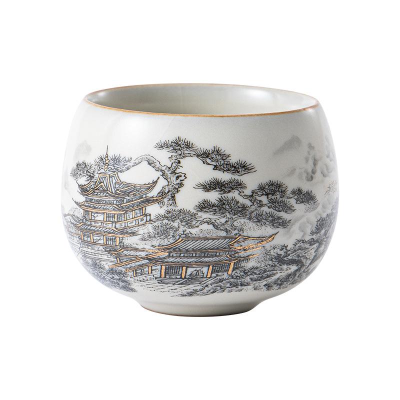 Ceramic Master Cup Household Tengwang Pavilion Landscape Kung Fu Tea Set Teacup High-grade Huangru Kiln Tea Cup with Gift