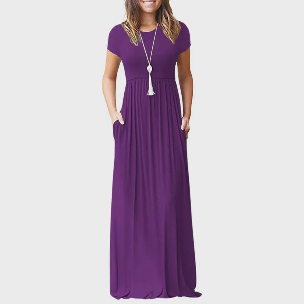 Женское платье макси с короткими рукавами и карманами 2024 года