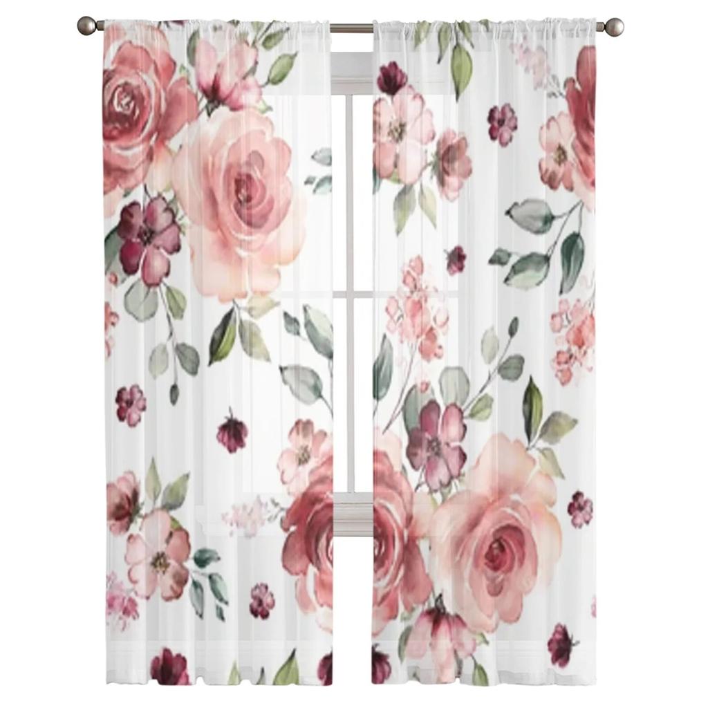 Прозрачные шторы с весенними цветами и листьями, вуаль для спальни, прозрачные шторы для окон, кухни, тюлевые шторы