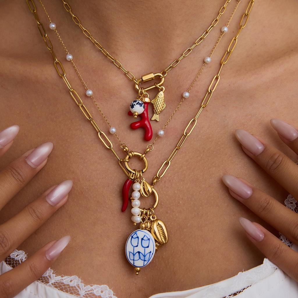 Youthway Natural Pearl Charm Pendant Necklace For Diy Matching Ocean Style Stainless Steel Golden Collar Summer Handmade Jewelry