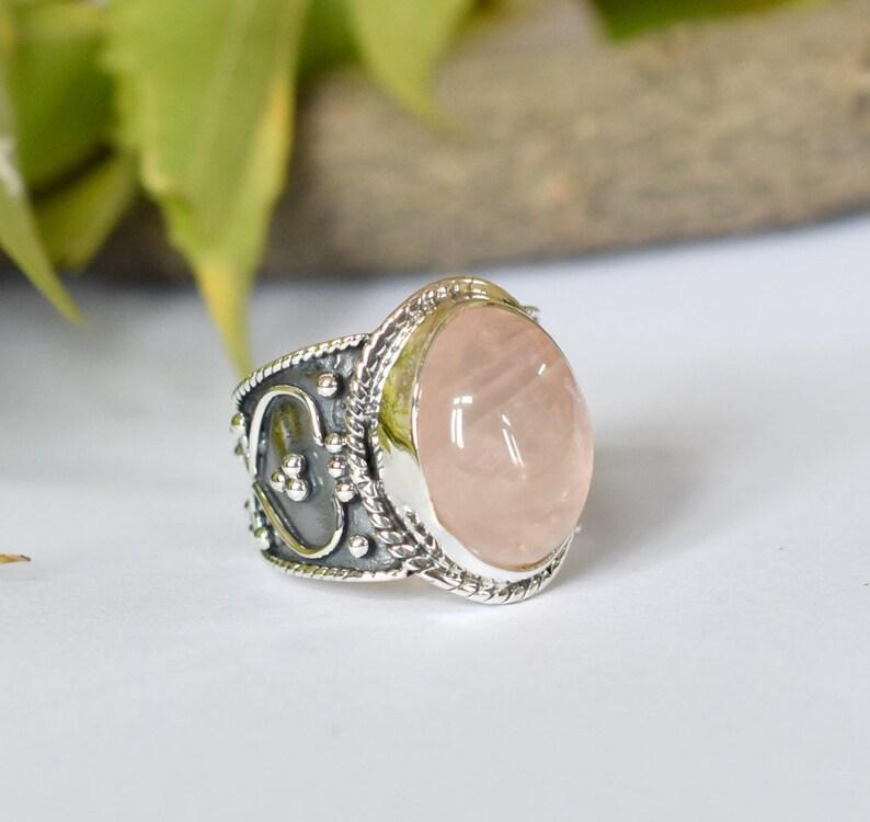Rose Quartz Oval Gemstone Handmade Boho Designer Ring, 925 Sterling Silver, Wedding Engagement Gift
