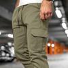 Men Winter Sweatpants Drawstring Waist Fleece-Lined Jogger Pants with Multiple Pockets Solid Color Thick Cargo Pants for Work Street Wear
