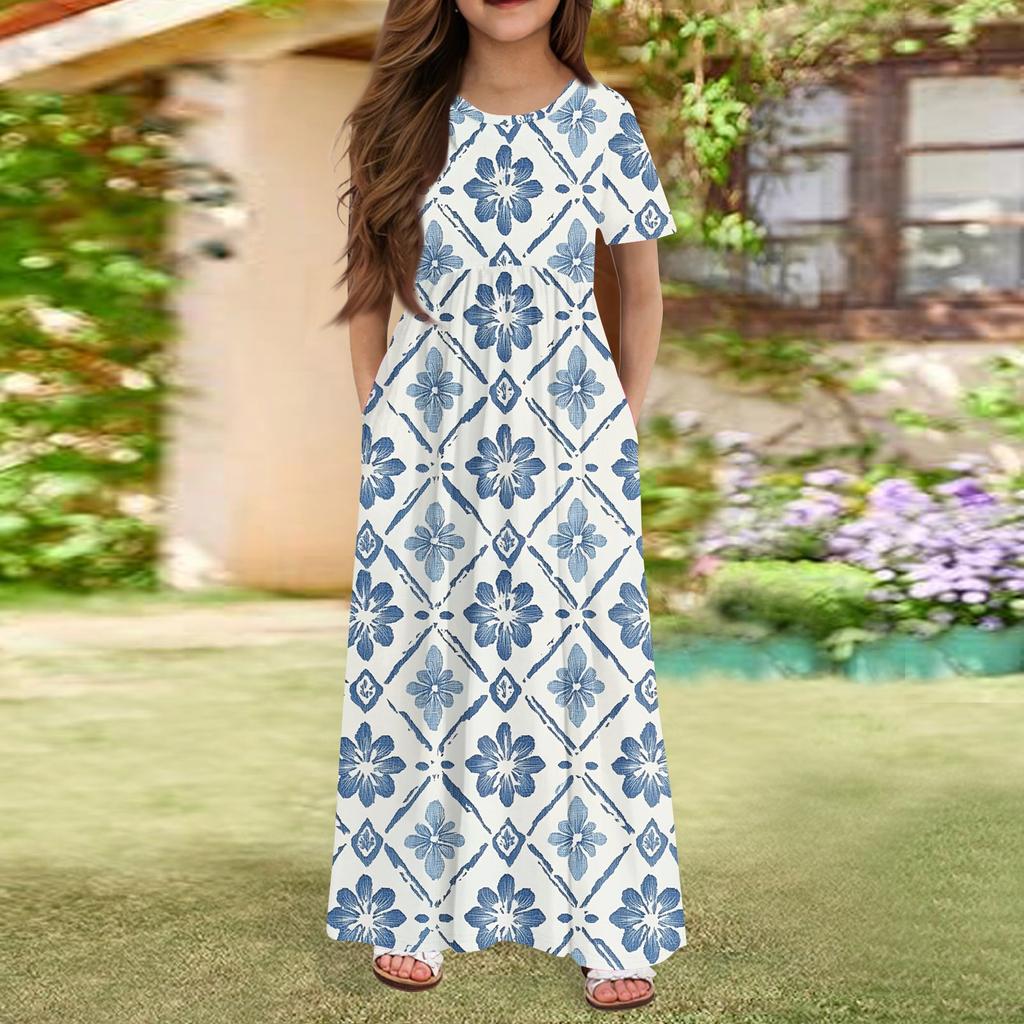 Длинное летнее платье для девочек - платье макси с короткими рукавами и карманами для детей 4-14 лет