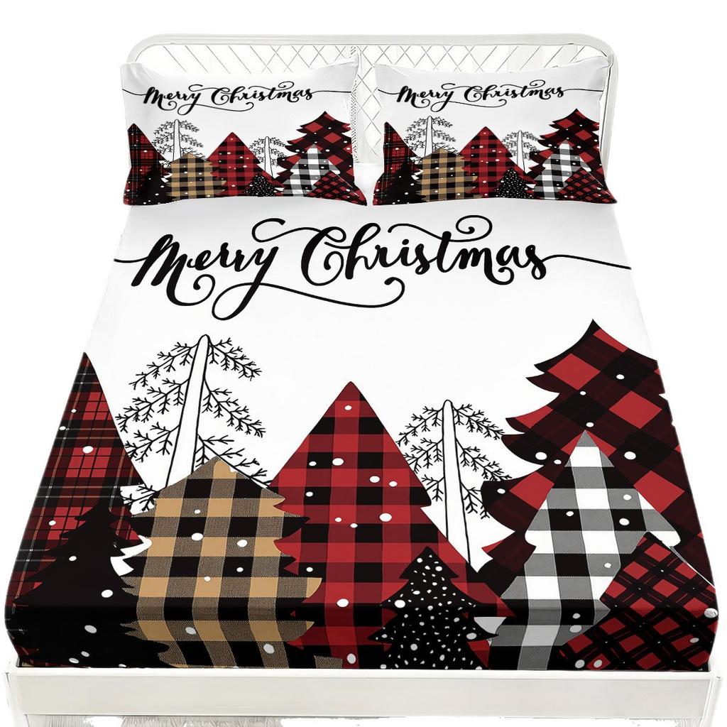 Christmas 3D Printed Fitted Sheet Set 3Pcs Warm Flannel Bedding Set with Bed Skirt Holiday Bed Cover Festive Home Textile Set