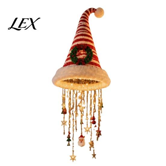 Candy Cane Striped Garland Lights Lighted Santa Hat Hanging Chandelier, Warm LED Christmas String, Sequined Cone Pendant Decor with String for