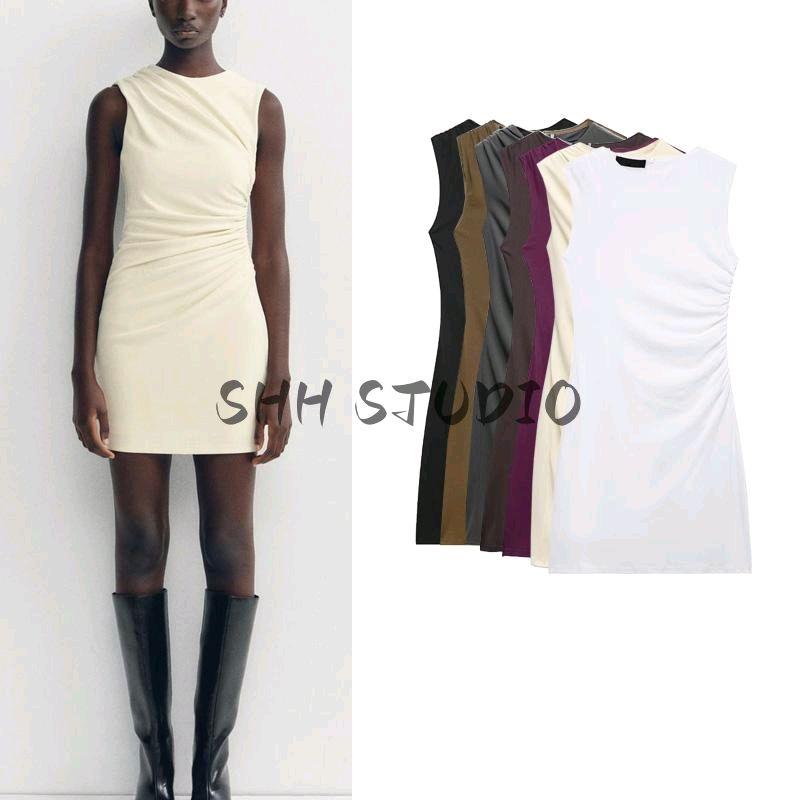 Spring New Women's Clothing French Ruched Silm Round Neck Short Sleeveless Dress 3067220 4772350