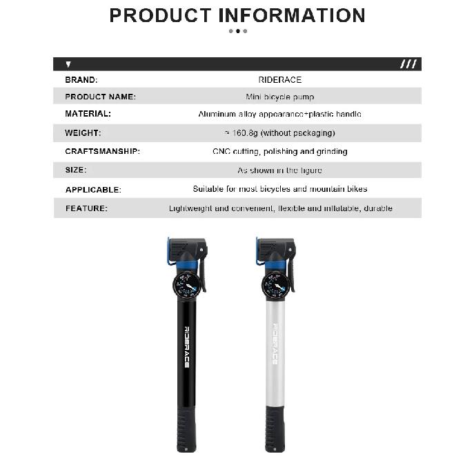 RIDERACE Bicycle Pump With Gauge Portable Hand Tire Air Inflator Aluminum Alloy Bike Air Shock Pump AV FV Presta Schrader Valve