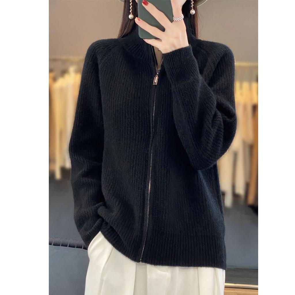 Autumn High Neck Zipper Knitted Cardigan Women's Wool Zipper Cardigan Padded Shoulder Stand Collar Women's Cashmere Knitted Coat Lapel Sweater