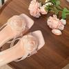 Soft Leather Version~ Pink Flower with Skirt Slippers Female Summer New French Gentle Fairy Evening Breeze Vacation Thick Heel