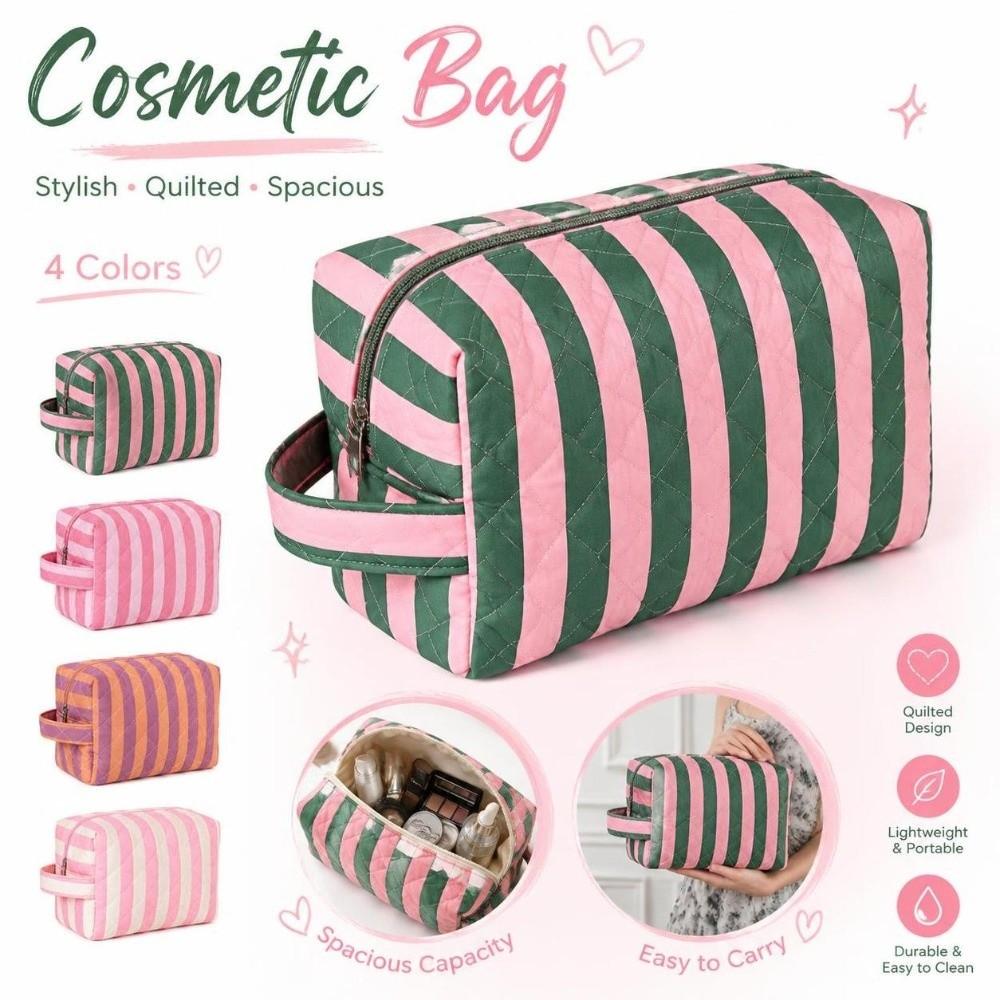 Large Capacity Cosmetic Bag Striped Makeup Organizer Portable Toiletry Pouch Daily Use