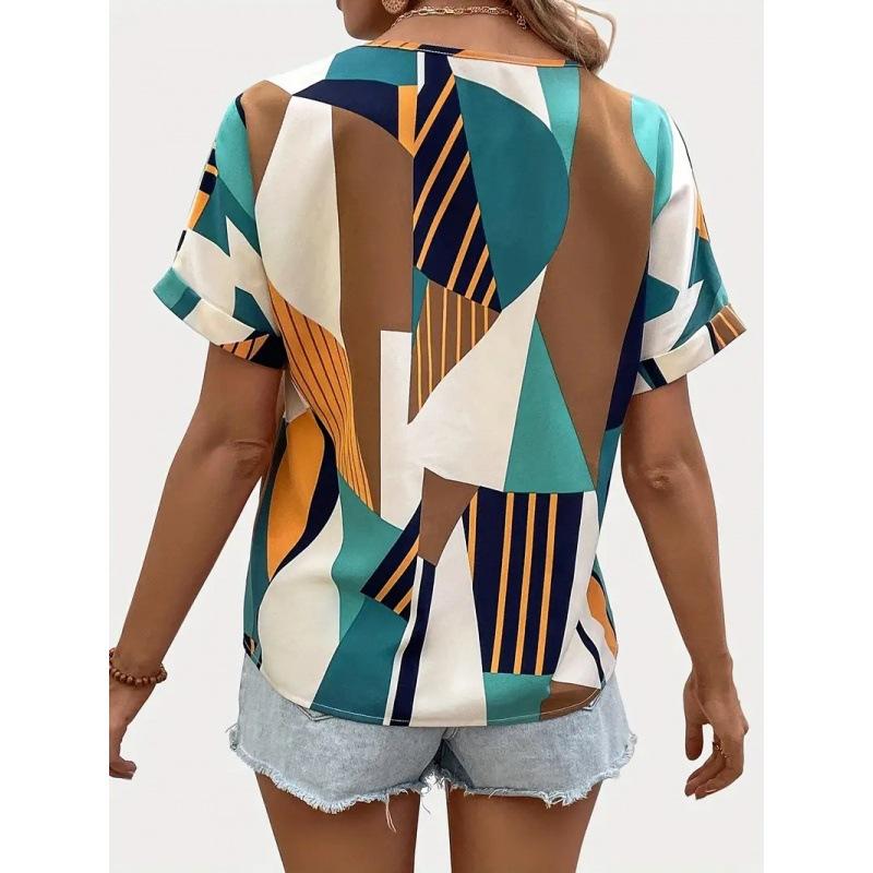 Europe, America 1116 summer new v-neck printed short-sleeved top women's geometric pattern contrasting shirt