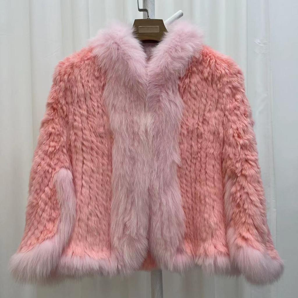 Real Rabbit Fur Braided Coat for Women Short Style Young Coat Fox Fur Bat Sleeve Shawl