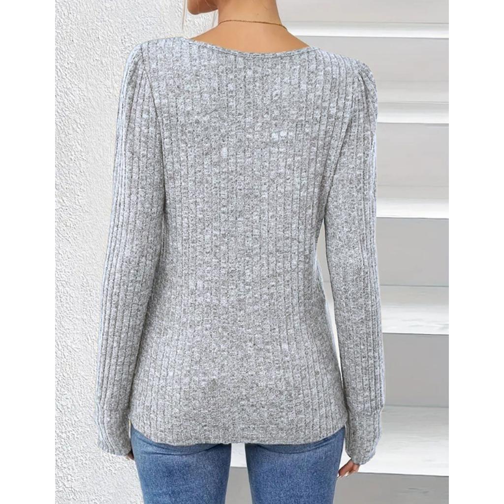 GMXIA Autumn Winter Solid Color O-Neck Button Long Sleeve Loose T-shirt Top Woman