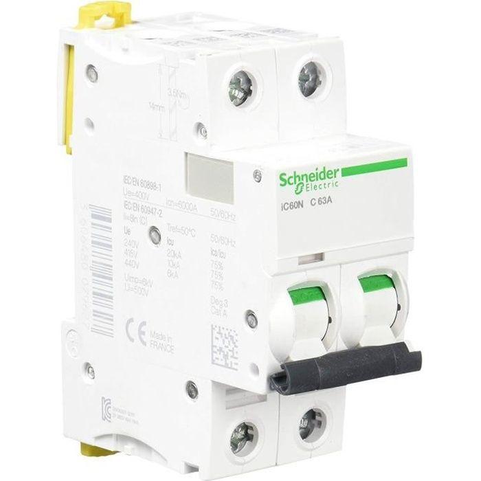 Schneider Electric IC60N Disjoncteur, Acti9, 2P, 63A, Courbe C, 50/60 Hz, Blanc - A9F74263