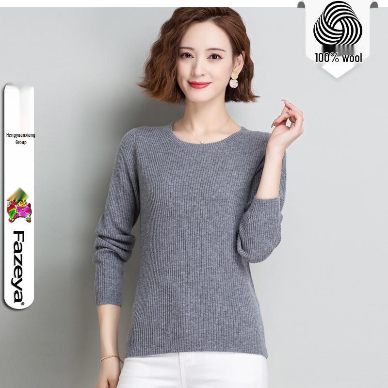 Hengyuanxiang Women's Pure Wool Round Neck Sweater - Solid Color Casual Knitwear for Spring, Autumn, and Winter