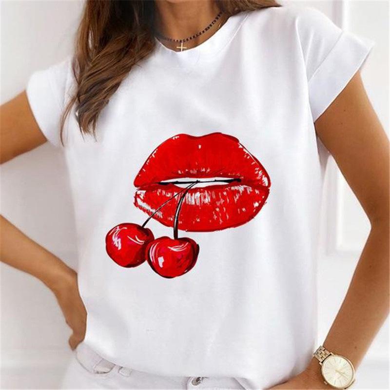 Summer Floral Girl Printed Base Shirt Cute Cartoon Round Neck Plus Size Pure Cotton Short Sleeved Top T-Shirts Women’s