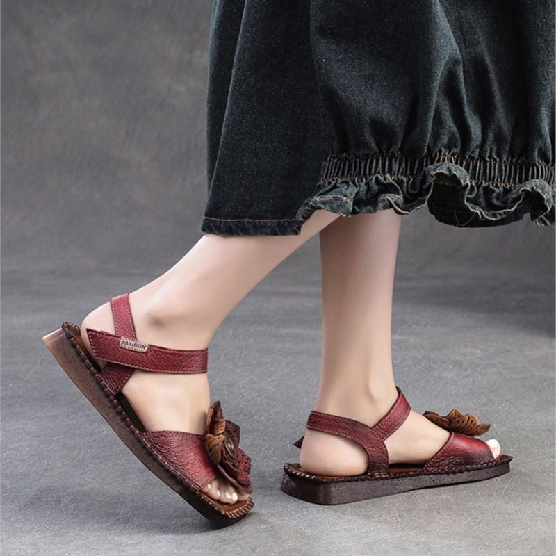 Johnature Сандалии на плоской подошве из натуральной кожи с цветочным принтом в стиле ретро, ​​удобная женская обувь с квадратным носком на мягкой подошве в этническом стиле