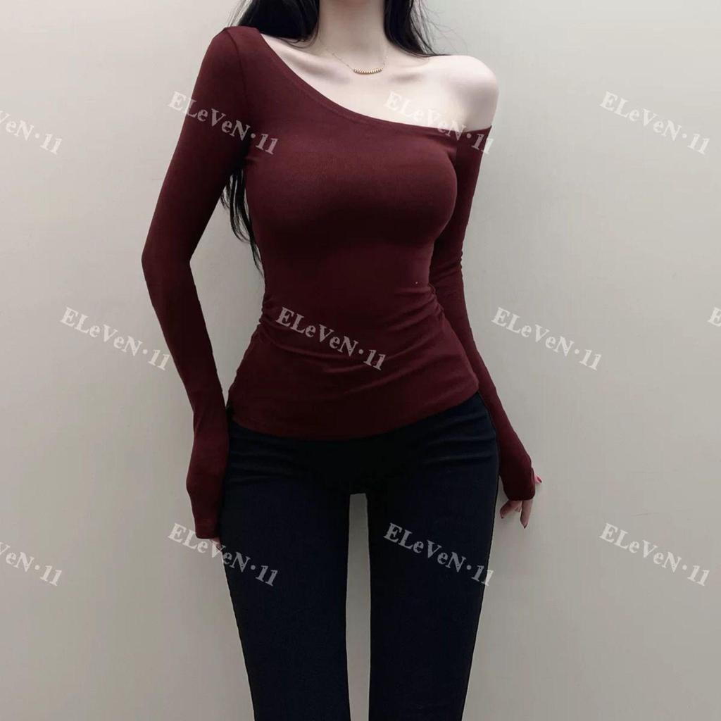 Корейский стиль Сексуальная футболка с открытыми плечами Slim Fit с длинным рукавом для осени/зимы