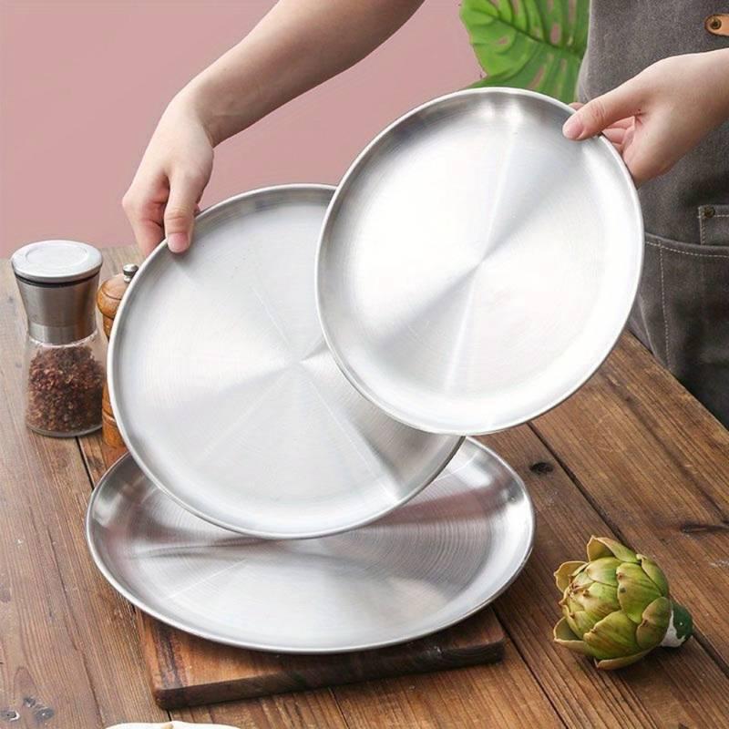 2Pcs Silver Stainless Steel Round Plates Rust Proof Food Safe Dinner Dishes for Home Outdoor BBQ Camping Picnic