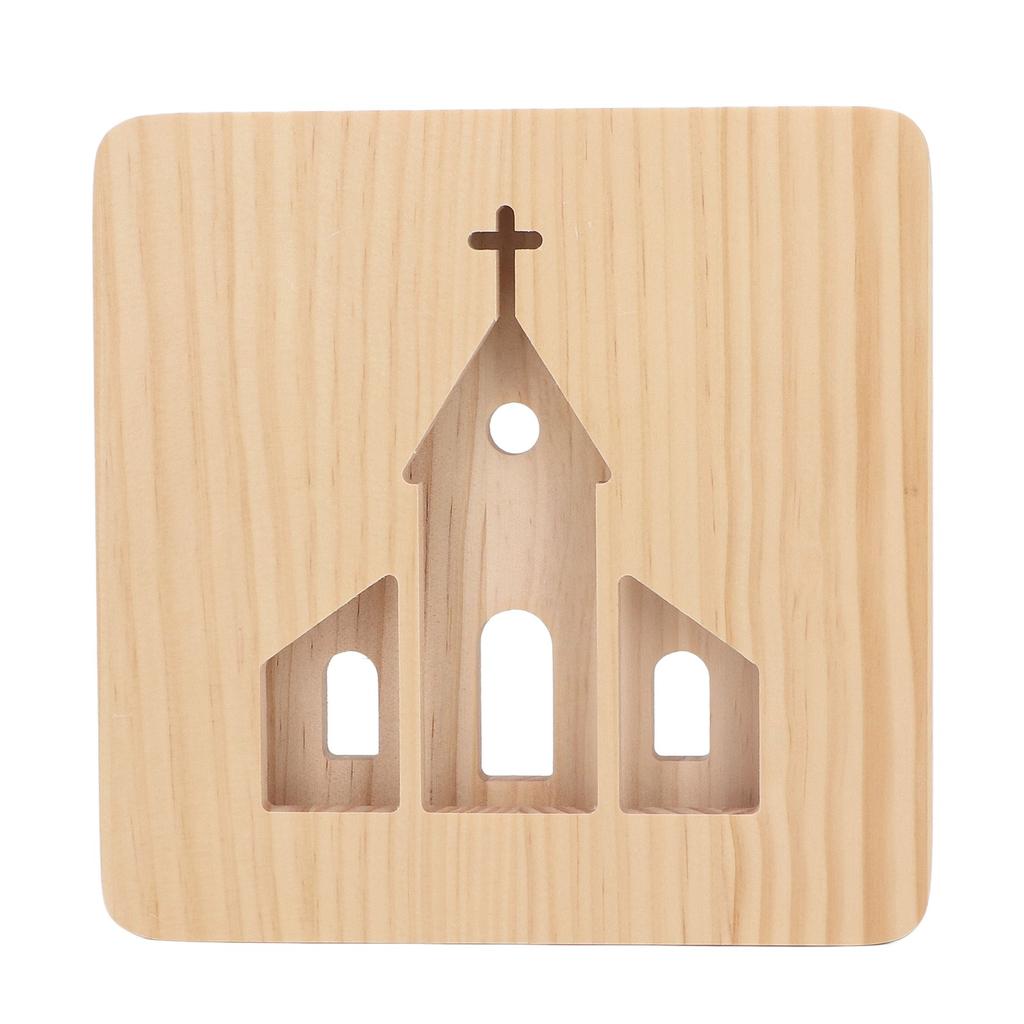 LED Night Light Christian Church Pattern Hollow Out 3D Wooden Lamp USB Interface Pine Wooden Night