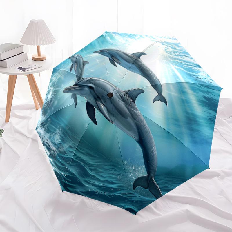 1pc Oceanic Dolphins Swimming Art Print Umbrella with Plastic Handle,Suitable for All Seasons Home Travel Outdoor UmbrellaDD352