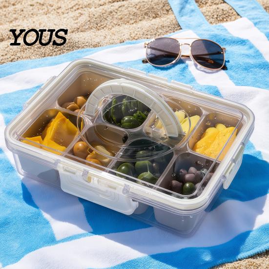 Раздельный контейнер для закусок с крышкой Snackle Box, Сервировочный поднос и ручка из нержавеющей стали, Большой 8-секционный для хранения продуктов пищевого качества для кемпинга