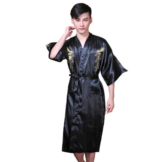 Мужская ночная рубашка с вышивкой дракона, шелковистый атлас с v-образным вырезом, китайский стиль, костюм Тан на шнуровке с длинными рукавами