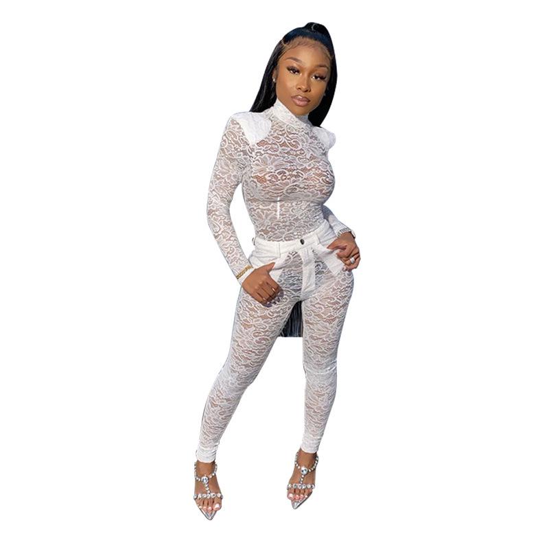 European & American Women's Transparent Lace Two-Piece Nightclub Set