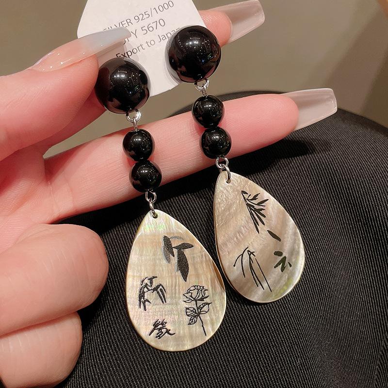 Silver needle dripping oil water drop fringed earrings antique literary and versatile earrings new Chinese retro temperament earrings women