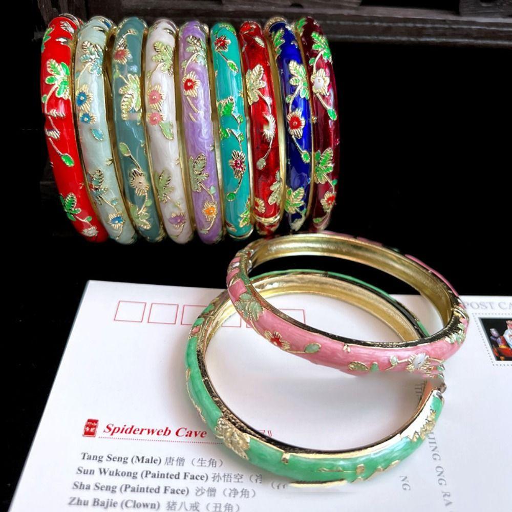 Enamel Peony Filigree Flower Bangle Traditional Women's Hand Bracelet Gifts for Women Girl