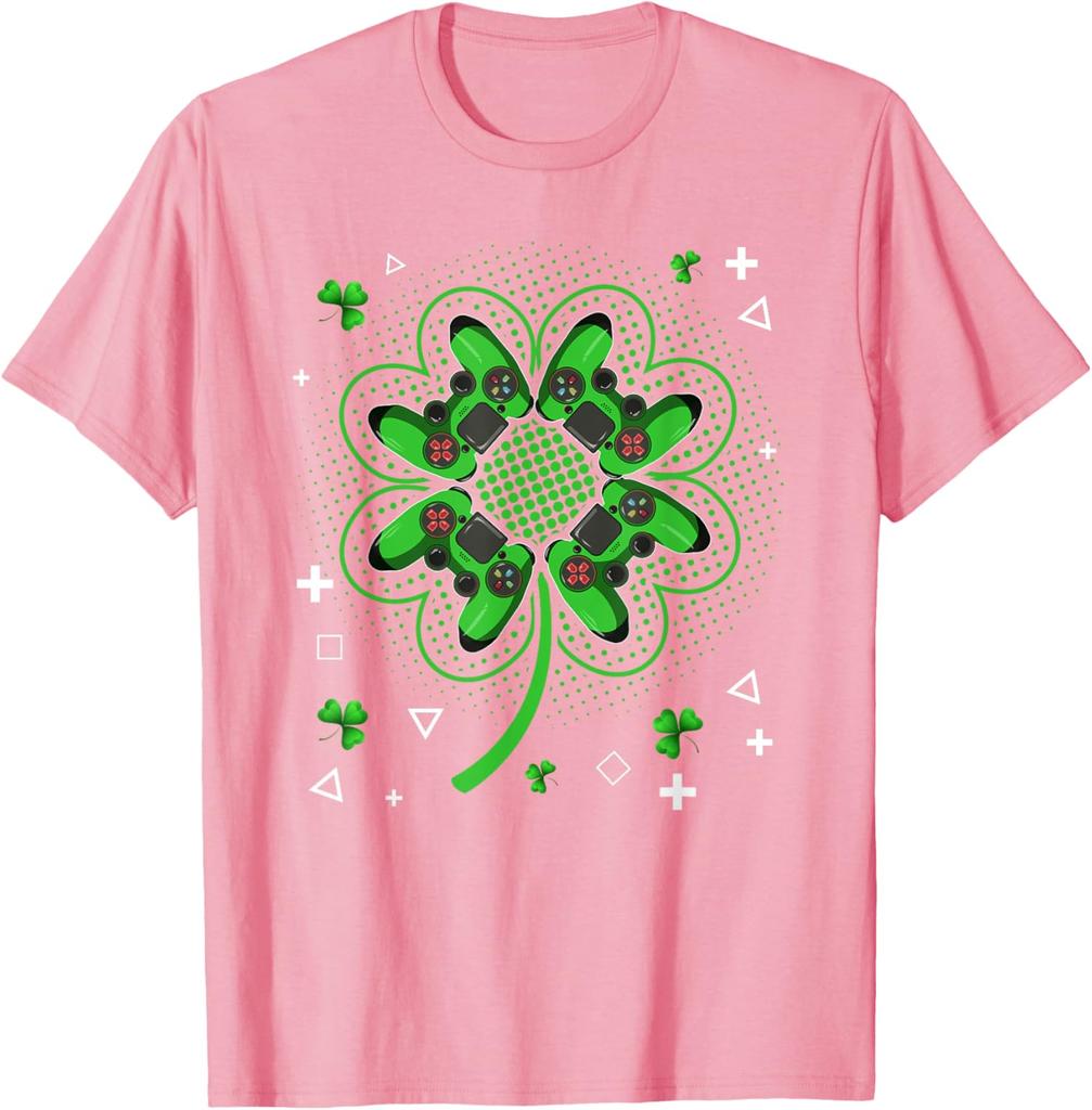 Gamer Shamrock Clover Controller St Patricks Day Graphic Tee Men Casual Trip T-Shirt