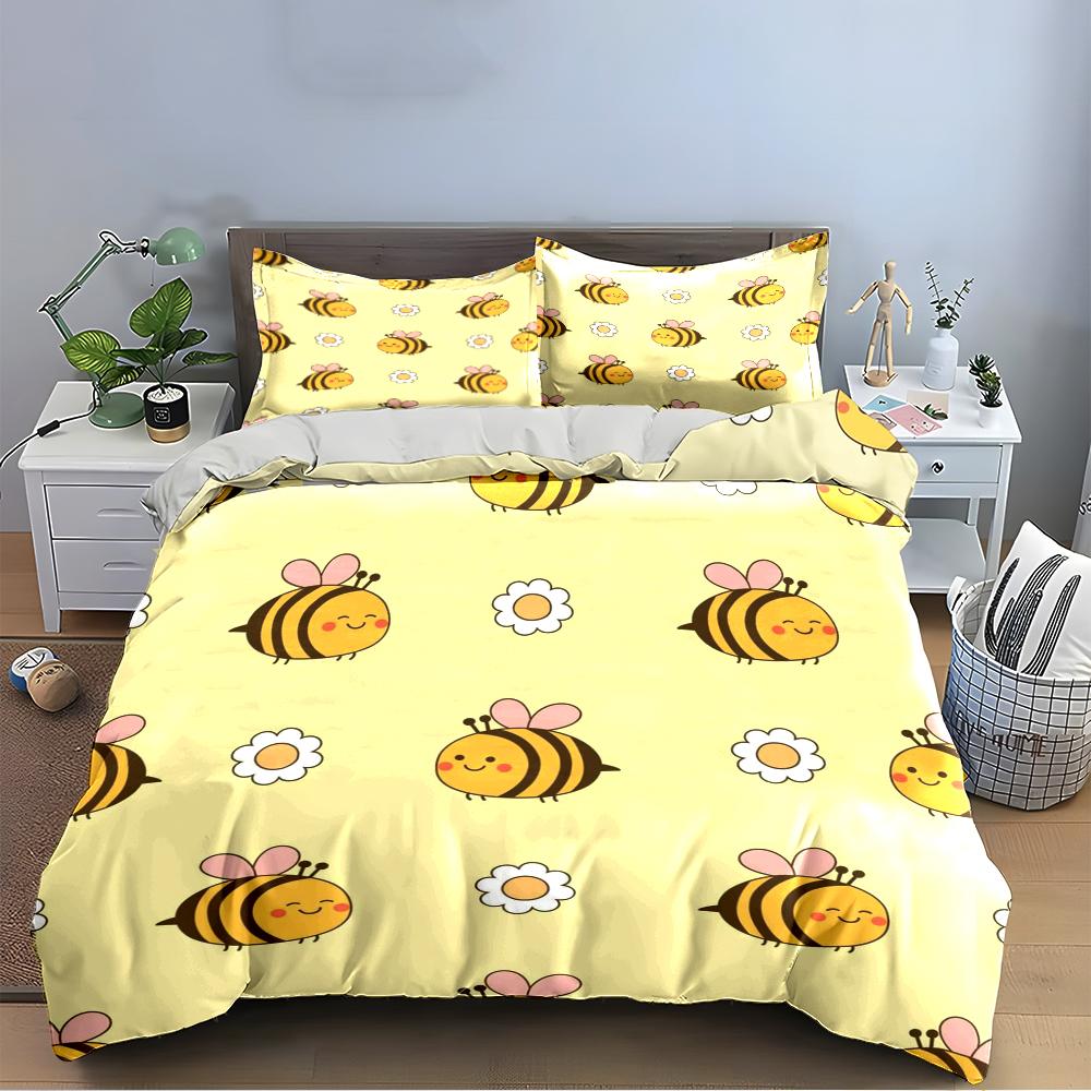 Cute Cartoon Bee and Daisy Bedding Set Bedding set (1 duvet cover, 2 pillowcases, duvet not included)