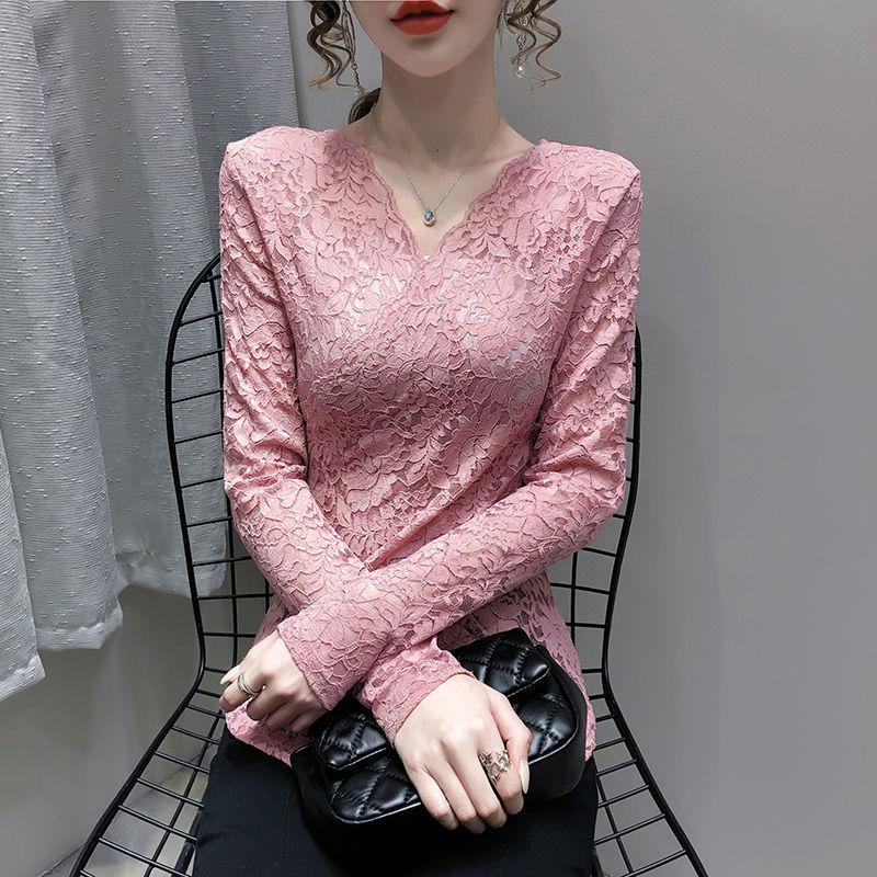 Autumn and Winter Padded Sexy V-neck Long-sleeved Cross Slim Age-reducing Blouse Hundred Lace Bottoming Shirt